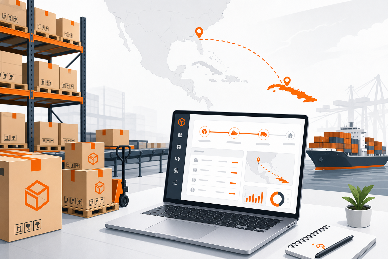 Espacio de trabajo logístico B2B con cajas de envío y panel de seguimiento de pedidos